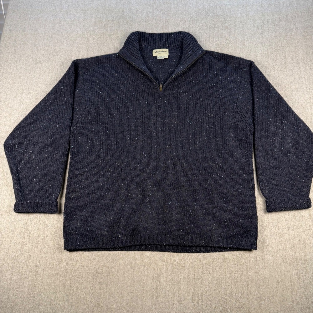 Eddie Bauer Sweater Mens XL Navy Blue Wool Quarter Zip Flecked Knit